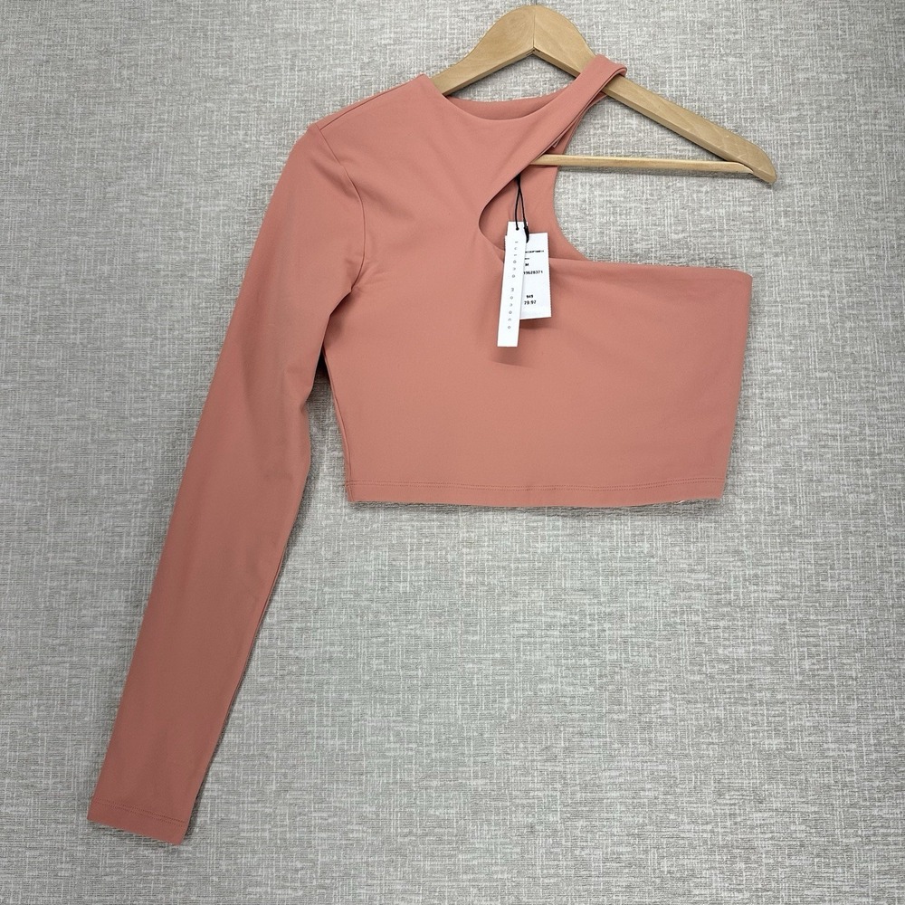 Susana Monaco Crop Top‎ Womens Medium Pink One Shoulder Long Sleeve Cut Out